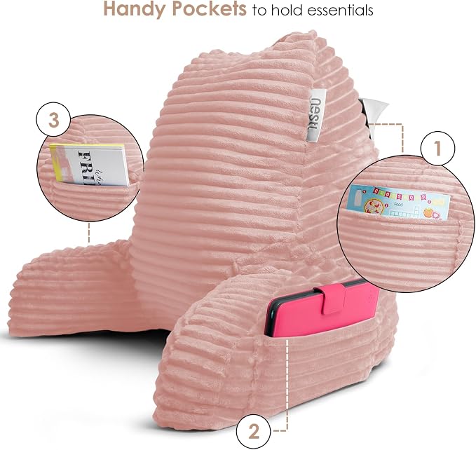 Nestl Peach Beige Reading Pillow with Bed Desk for Laptop and Writing, Luxe Cut Plush Back Pillow for Sitting Up, Back and Arms Adjustable Support for Adult and Teens, Foldable Lap Desk for Bed 22x14” - Image 7