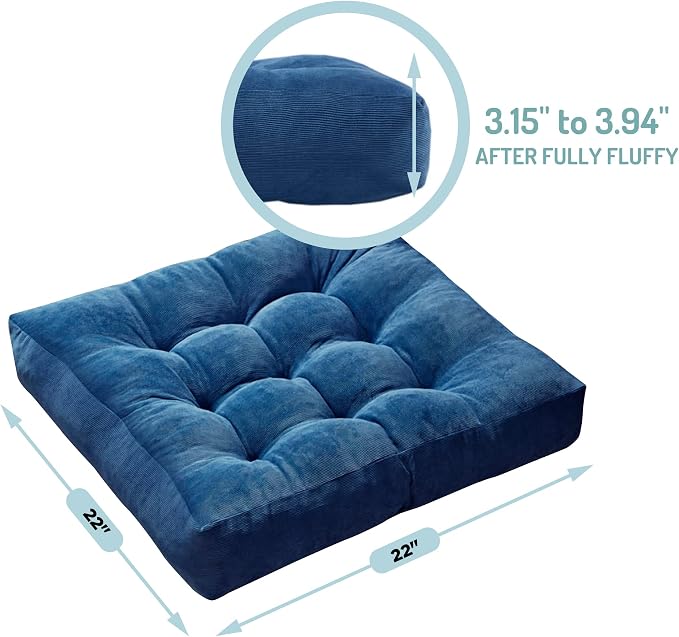 Floor Pillows Set of 6, Large Meditation Cushion for Adults, 22 Inch Square | Reading nook & office use, Tatami seating, Corduroy cover, 3.5 in thick, Shredded memory foam fill, Navy yoga pad - Image 5