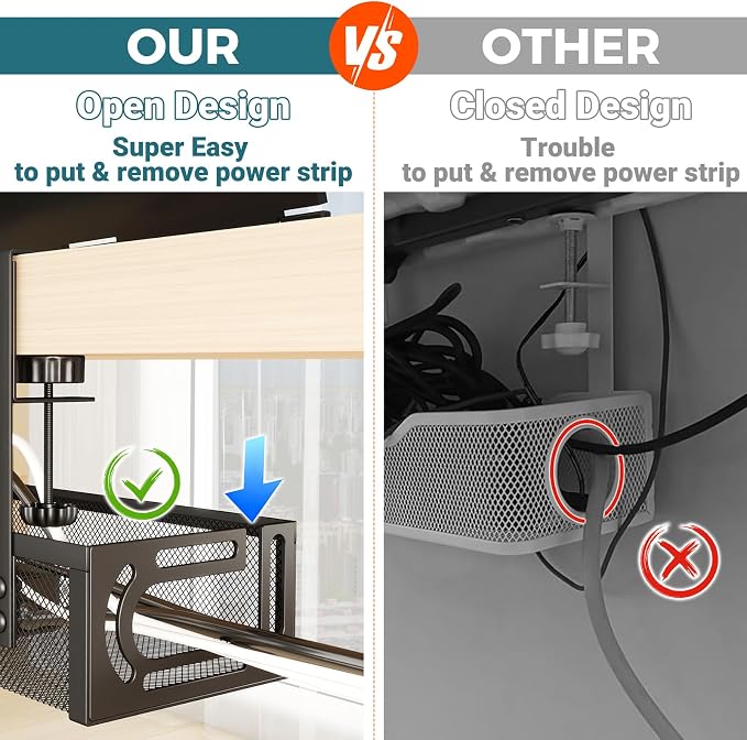 Cable Management Under Desk, 25.3'' No Drill Desk Cable Management Tray with Clamp, Metal Cord Organizer for Standing Desk, Computer Wire Management for Home Office & Gaming Setup, Black - Image 8