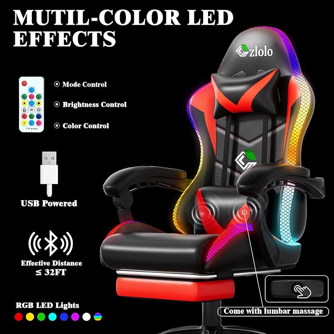 Czlolo Gaming Chair, Racing Style RGB LED Lights Gaming Chairs for Adults and Kids, Lumbar Massager Gamer Chair, High Back Reclining Computer Chair with Footrest and Headrest (Black/Red) - Image 4