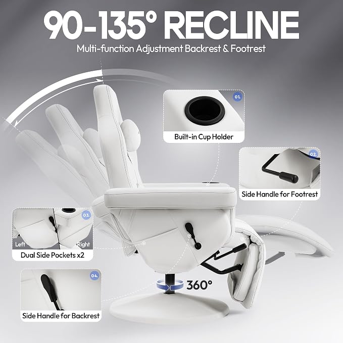 Dowinx Gaming Recliner Chair No Wheels with Footrest Shtasu Massage Lumbar | Racing Style Ergonomic High Back Recliner Heavy Duty with Wider Backrest Thick Cushion for Home Long Gaming Session White - Image 4