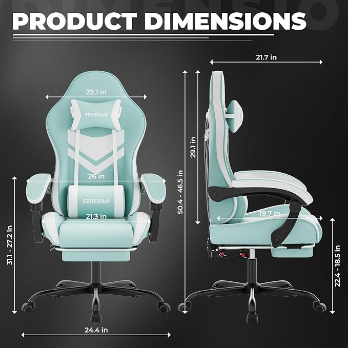 Gaming Chair with Footrest & Massage Lumbar Support, PU Leather Ergonomic High Back Swivel Height Adjustable Chair for Adults, Office Gaming, 300 lbs (Green White) - Image 3