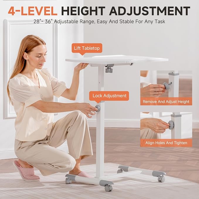 GTPLAYER Small Standing Desk, 28 Inches Tiltable Mobile Rolling Laptop PC Table with Lockable Casters, Adjustable Height Overbed Bedside Table Computer Workstation for Home Office, White-Tiltable - Image 6