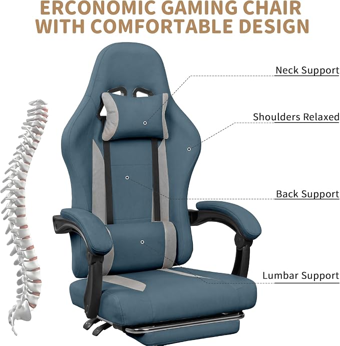 Breathable Fabric Gaming Chair with Footrest - Blue/Light Grey | 90°-135° Recline, 18.5”-22.4” Height Adjust, Breathable Fabric, Footrest for Rest, for Gaming/Office, 15 Min Assembly - Image 5