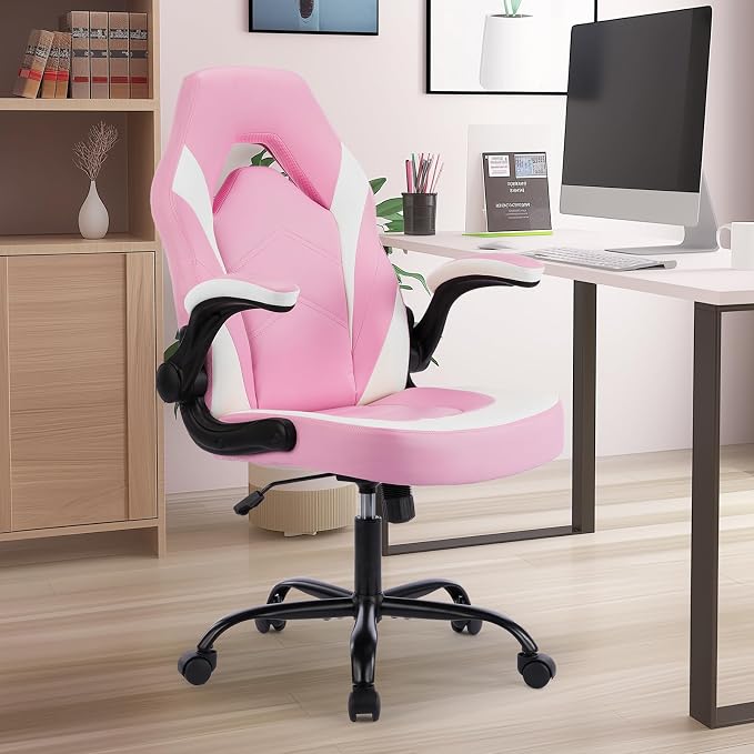 DUMOS Computer Gaming Chair, Home Office Desk Chair, PU Leather | PU Leather, Flip-up Armrest, Swivel Wheels, Lumbar Support, Video Game, Height Adjustable, White and Pink - Image 4