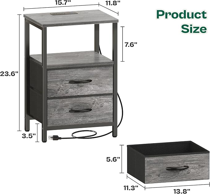 Huuger Night Stand with Charger Station and LED Lights, 2 Drawer Nightstand - Image 3