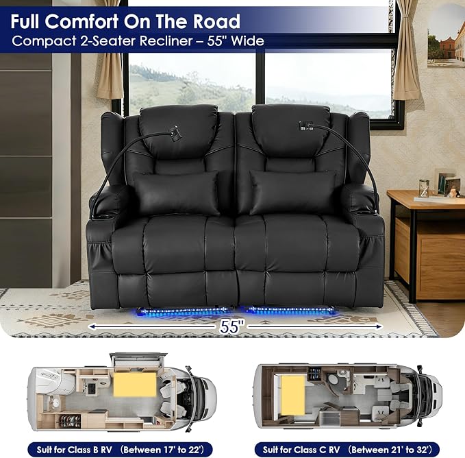 Redlife Power Loveseat Recliner Sofa with Blue LED Base Lights - Image 8