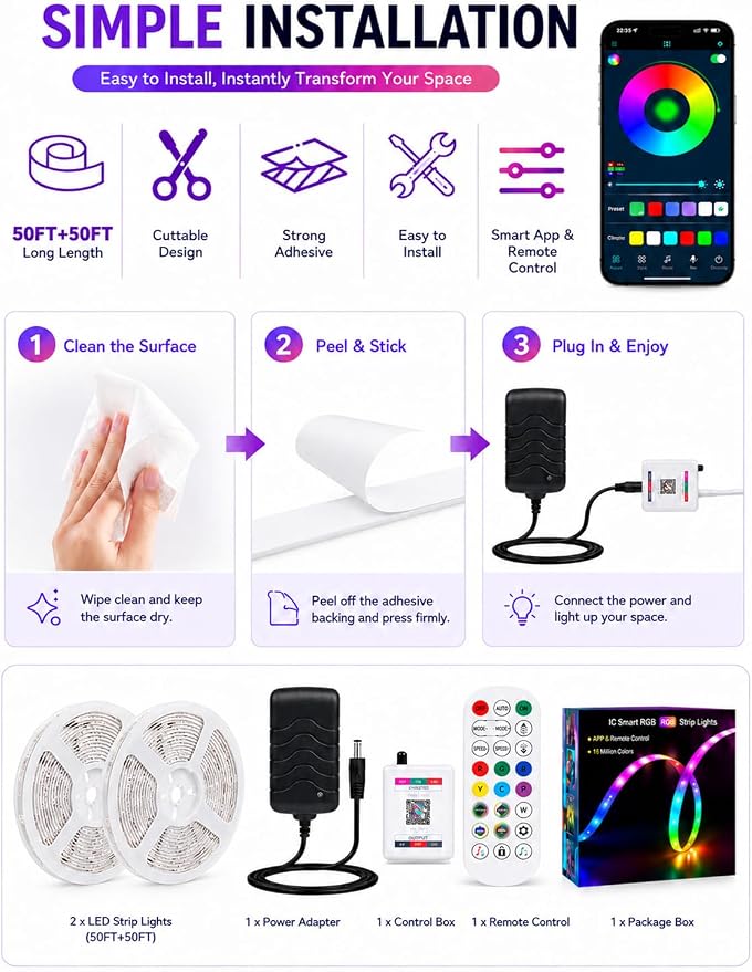 MFWW 100ft RGB+IC LED Strip Lights, LED Lights for Bedroom, Smart Control - Image 9