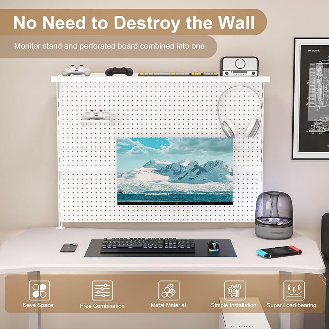 Majnesvon Clamp On Pegboard-Metal Office Pegboard Organizer with Monitor Stand, Peg Board Gaming for Desk with Hooks & Movable Partition, Office Storage Shelf for Workstation Setup (White 43x35 Inch) - Image 5