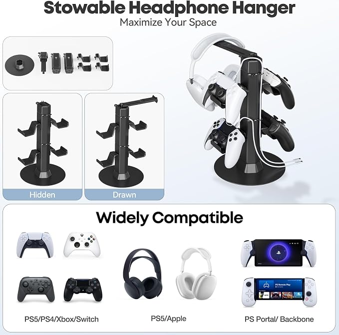 Gaming Controller & Headset Holder Stand for Desk, with Charger Cable Organizer Headphone Stand for PS5/ Xbox/ PS4/ Switch, Metal Base Controller Hook for Storage with 360° Rotatable Hanger- 2 Tiers - Image 4