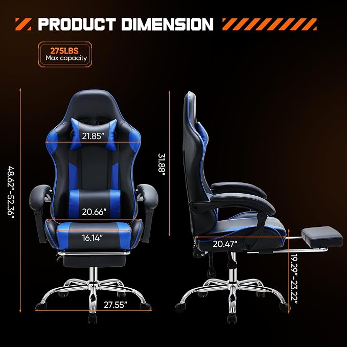 Sweetcrispy Gaming Chair with Footrest, Ergonomic Lumbar Support Desk Chair | High Back Ergonomic, PU Leather, Adjustable Headrest, Linkage Armrest, Height Adjustable, 360 Swivel, Blue - Image 3