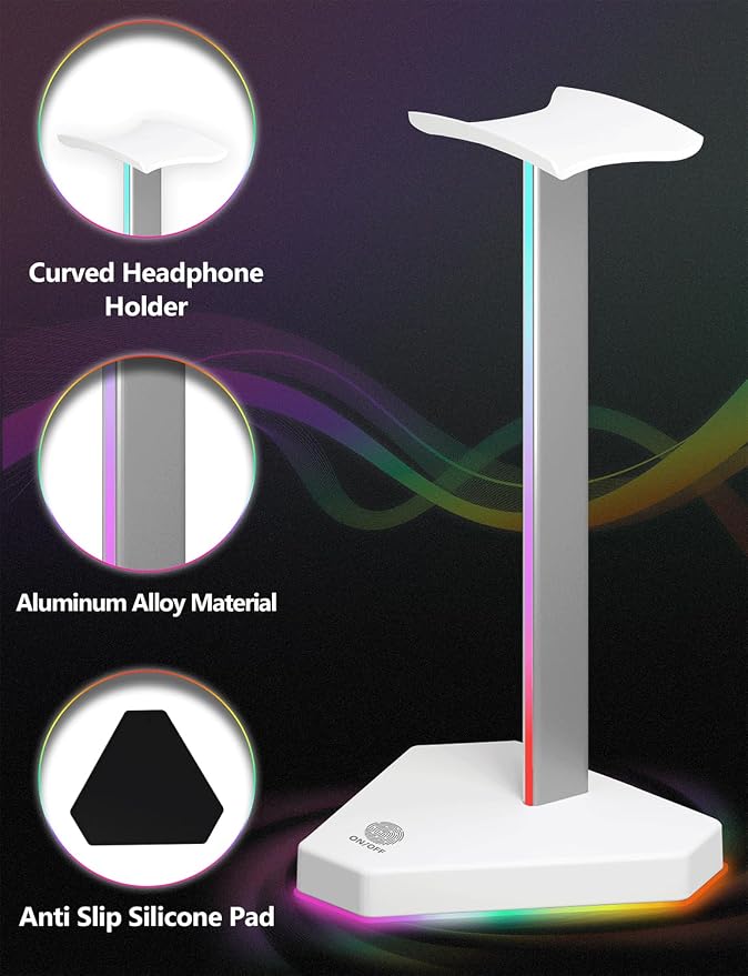 RGB Headphone Stand with 2 USB-C Charging Port and 1 USB Charging Port, Desk Gaming Headset Holder with 7 Light Modes and Non-Slip Rubber Base Suitable for All Earphone Accessories (White) - Image 5
