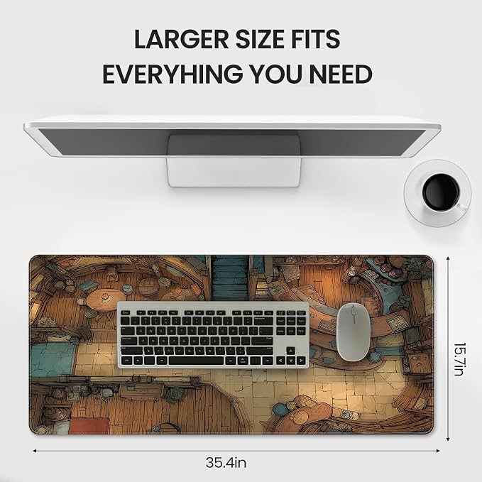 Extended Keyboard and Mouse pad, Fantasy Tavern Pattern, 35.4 x 15.7 Inch, Gaming Desk mat with Non-Slip Base and Waterproof Finish, Suitable for Home Office and workstations. - Image 6