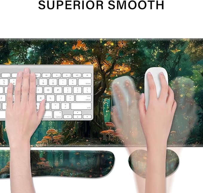Desk Pad and Keyboard Wrist Rest, Large Mouse Pad + Keyboard Pad+Mouse Wrist Support, Non-Slip Desk Mat Protector for Office, Home 31.5×11.8 Inches Green Forest - Image 2