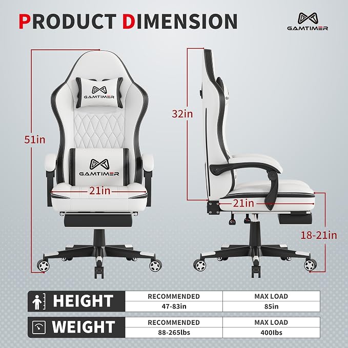 Gamtimer Gaming Chair with Footrest, Ergonomic Computer Chair, PU Breathable Material with Headrest and Lumbar Support, Suitable for Silla Gamer and Adults (White) - Image 3