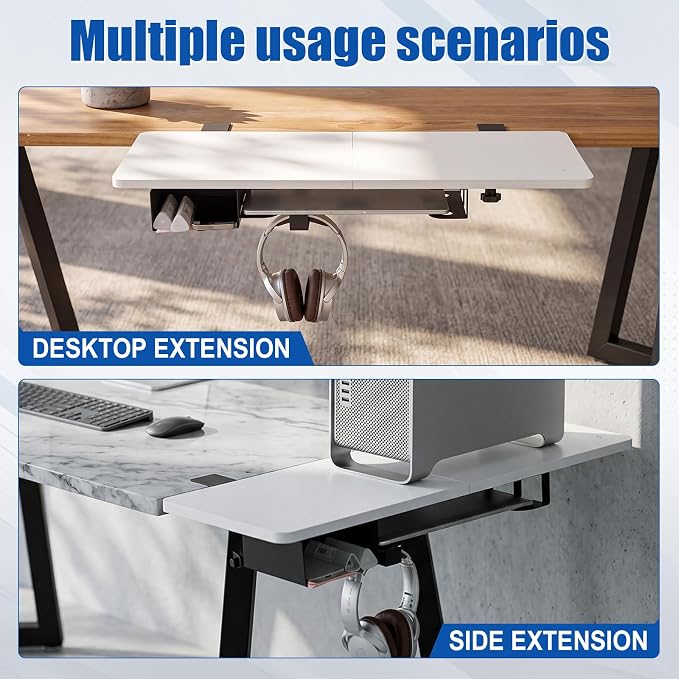 Novabright 30" X 12" Desk Extender Tray with Side Storage Rack Heavy Duty Desk Extender Under Desks Laptop Mount Keyboard Extenders for Desks with a Concealed Storage Area for Cable & Earphone (White) - Image 4