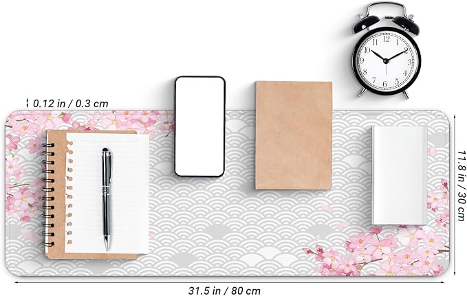 Gaming Mouse Pad with Anti-Slip Rubber Base, Extended Large Computer Mouse Mat with Stitched Edges, Long XL Anime Mousepad for Laptop and Keyboard, 31.5 x 11.8 inch (Grey Cherry Blossom) - Image 2