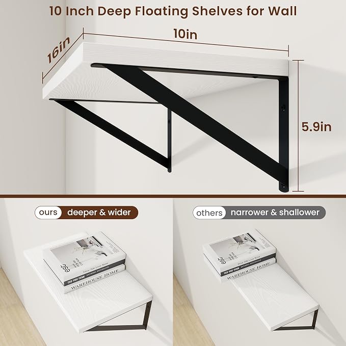 Axeman Deep Floating Shelves, 16'' x 10'' White Wall Shelves Set of 2 - Image 3