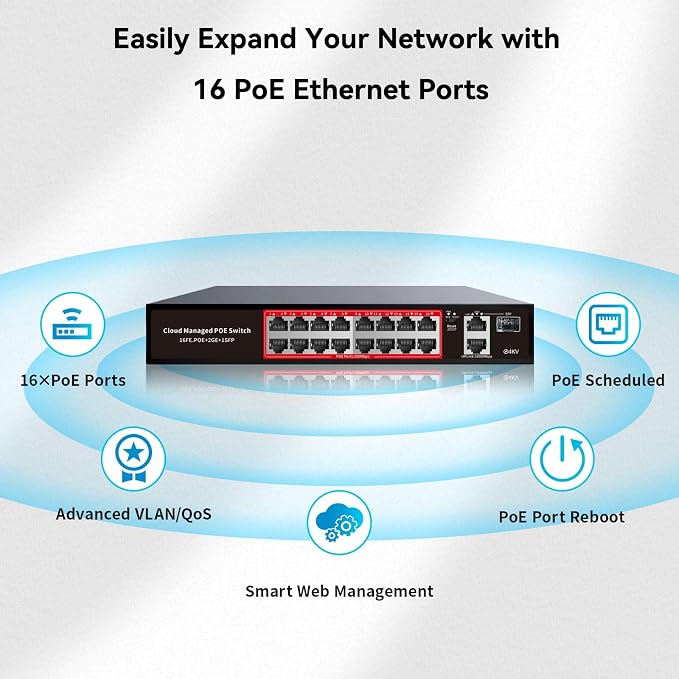 PoE Switch, 16 Port Managed POE+ Ethernet Switch(16 POE+ Ports+2 Gigabit Uplink,1 x 1.25G SFP), 240W Built-in Power, Support VLAN, QoS, Fanless Metal, Plug & Play(Wall Mount/Rack Mount) - Image 8