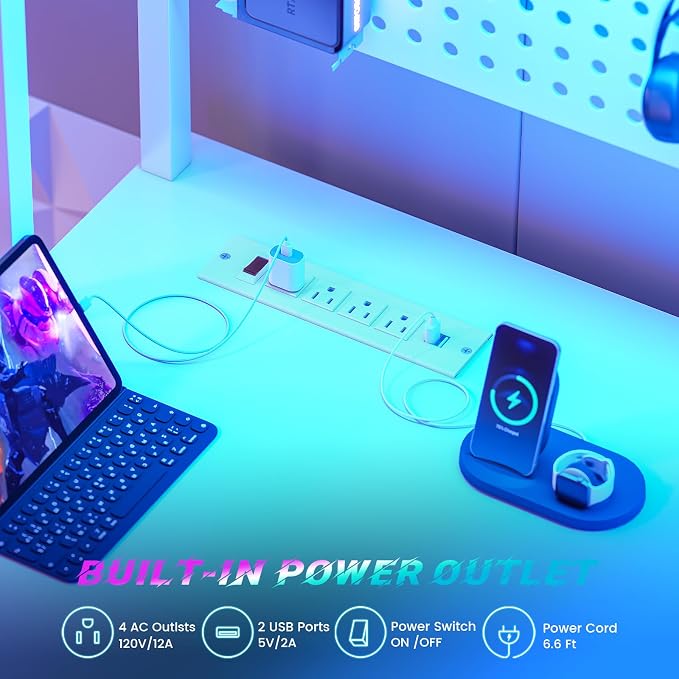 SEDETA White L Shaped Gaming Desk with Hutch, Power Outlet and Pegboard | Reversible 94.5" Computer Desk Two Person Desk, Corner Desk with Storage Shelf Keyboard Tray and LED Lights for Home Office - Image 7