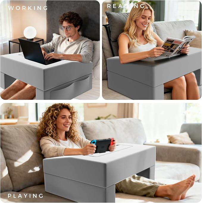 Reading Pillow for Gaming Lap Desk Pillow for Laptop with Pocket Foldable Memory Foam Bed Desk for Reading Working Crocheting Gaming Arm Rest on Bed/Sofa/Floor/Couch/Car (Grey no Cup Holder) - Image 4