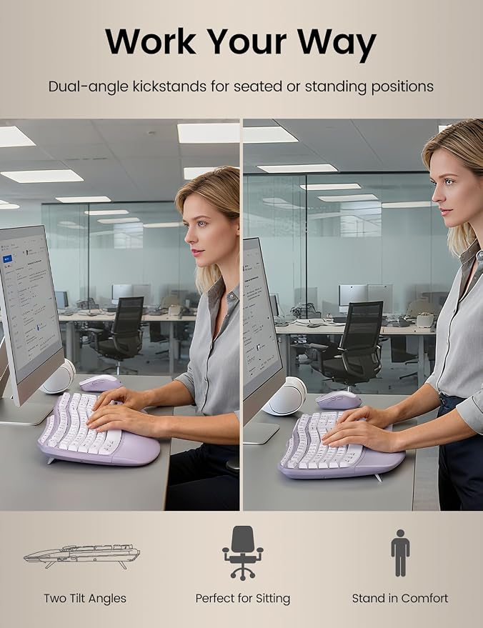 Purple MA31 Ergonomic Wireless Keyboard and Mouse Combo, Full Size Wave Key - Image 6