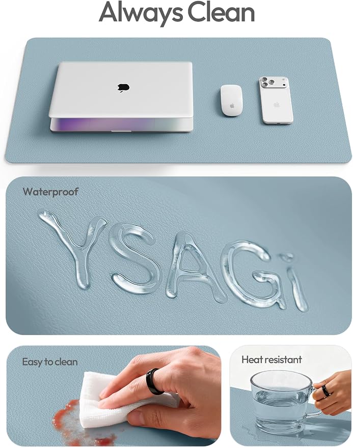 YSAGi Leather Desk Protector, Office Mat, Large Mouse Mat, Non-Slip PU Leather Blotter, Laptop Desk Mat, Waterproof Writing Pad for Office and Home(Ice Blue, 63" x 24") - Image 9
