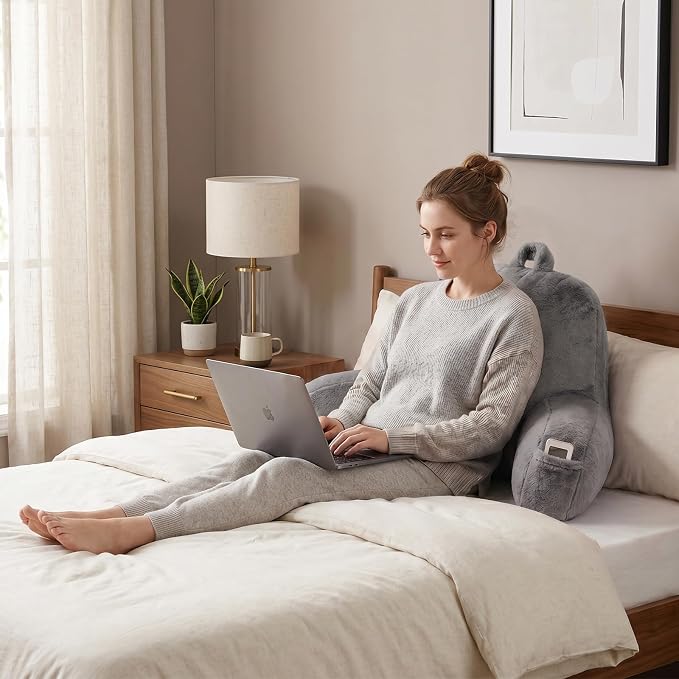 Soft Reading Pillow for Bed with Arms,Middle,Gray,Faux Fur | 17" Backrest with Arms for Gaming & Lounging,Oeko-TEX Certified Plush Back Pillow for Teens Room - Image 2