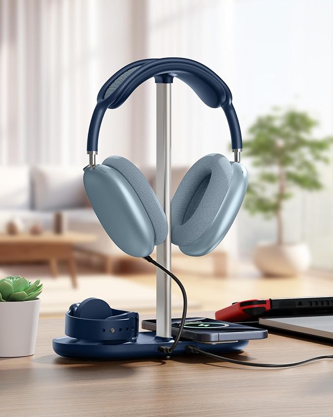 HiWe Headphone Stand, 2-in-1 MagSafe Wireless Charger for iPhone/iWatch | Headset Holder for All Headphones, Aluminum Alloy Bar, ABS Solid Base, PU Headrest, Table Desk Organizer - Image 7