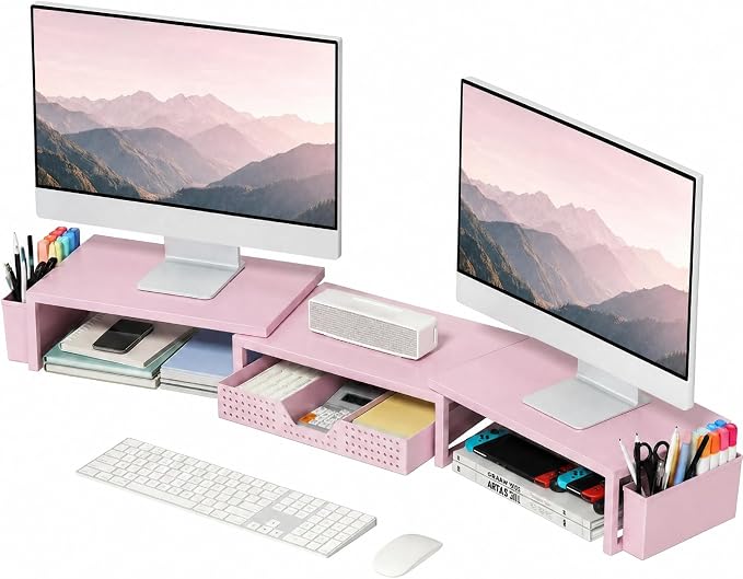 OPNICE Desk Organizers and Accessories, Dual Monitor Stand Riser with Drawer and 2 Pen Holders, Desk Shelf Computer Racks for Office Workspace Organizers, Desktop Organization (Pink) by OPNICE