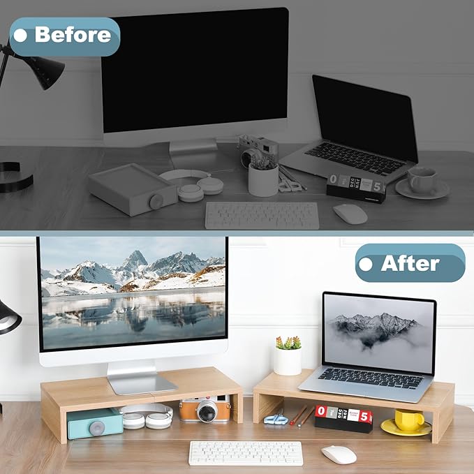 TEAMIX 2-Pack Monitor Stand Riser 20 inch, Wood Desk Computer Shelf, Maple | For 2 Monitors, Laptop, Printer, TV, PC, Keyboard Storage, Space-Saving, Ergonomic, Organizer for Home Office Gaming Vanity - Image 7