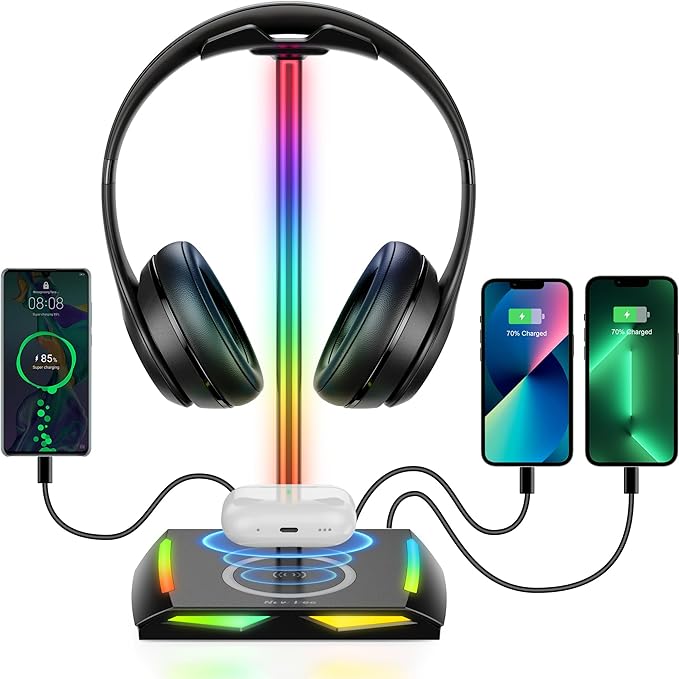 New Bee RGB Headphone Stand with 2 USB-C & 1 USB Charging Ports, Desk Gaming Headset Holder with 7 Light Modes and Non-Slip Rubber Base Suitable for All Earphone Accessories | 2 USB-C & 1 USB Charging Ports, 7 Light Modes, All Earphone Accessories by NewBee