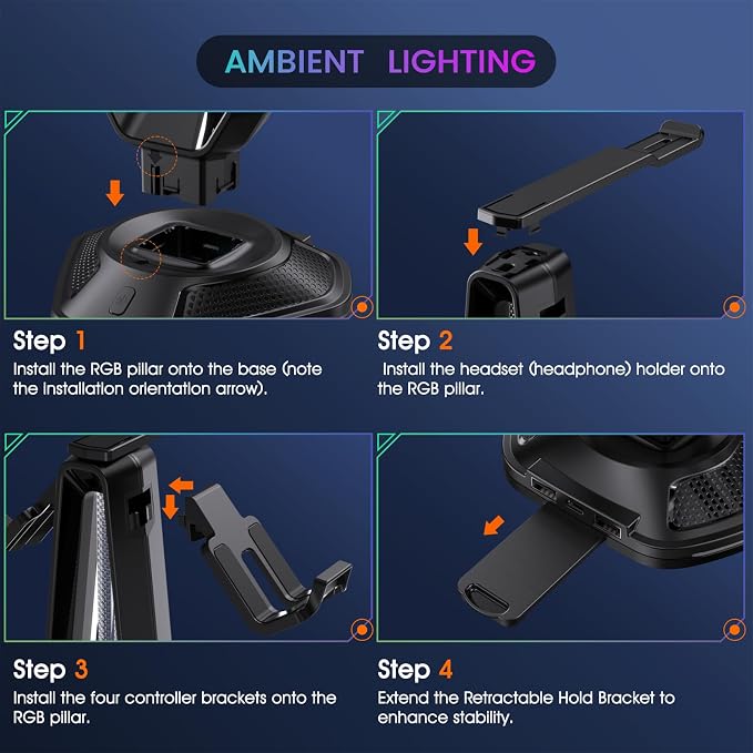 Luckit Gaming Headphones Stand, RGB Headset Stand with 12 Light Modes, Controller Holder with 2 USB Charging Ports - Supports Data Transfer, Earphone Hanger Accessories for Desktop Gamer - Image 5
