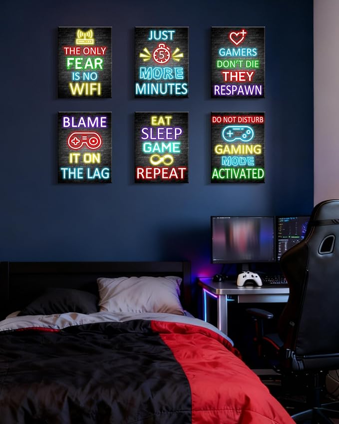 KUVIOKE Video Gamer Room Decor for Teen Boys Gaming Wall Art Gamer Neon Sign Teenage Bedroom Decor Ready to Hang Set of 6, 12x16in (Framed) - Image 5