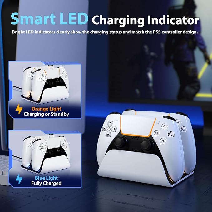 PS5 Controller Charger Station with LED Indicator,Self-Aligning Charging Dock,Dual Controller Fast Charging Dock,Desktop Display Stand for PlayStation 5 (White) - Image 5