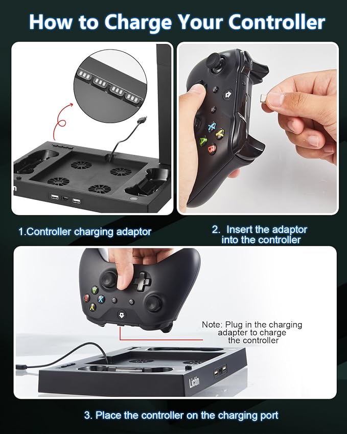 Lictin Cooling Fan Charging Station for Xbox Series X Console & Controller | Upgraded 4 Cooler Fan System Stand, Vertical Dual Charger Station Dock Accessories with 2 x 1400mAh Rechargeable Battery - Image 5