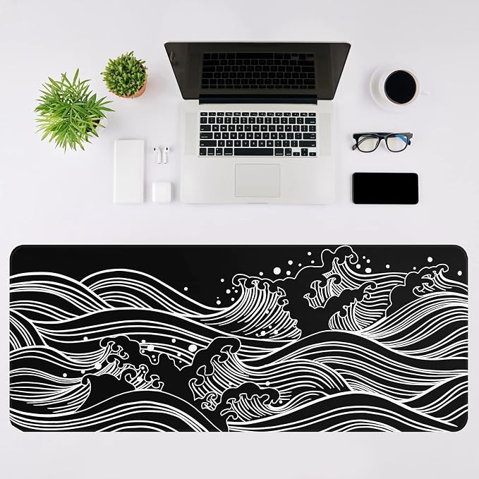 DIGSOM Gaming Mouse Pad Black and White Sea Wave Pattern, 31.5 x 11.8in | XL Mouse mat, Smooth surface, Anti-slip rubber base, For keyboard and mouse, For home and office use - Image 3