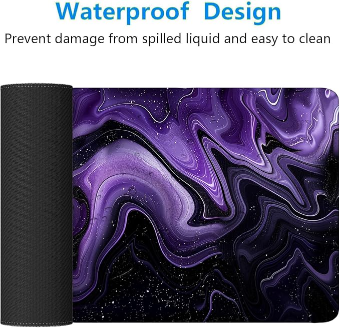Dark Purple Ripples Desk Pad Mouse Pad Black Purple Lines Large Gaming Mouse Mat with Stitched Edges,Non-Slip Waterproof Rubber Base Mous Mat Office Computer Keyboard Laptop Home 31.5"x11.8" - Image 4
