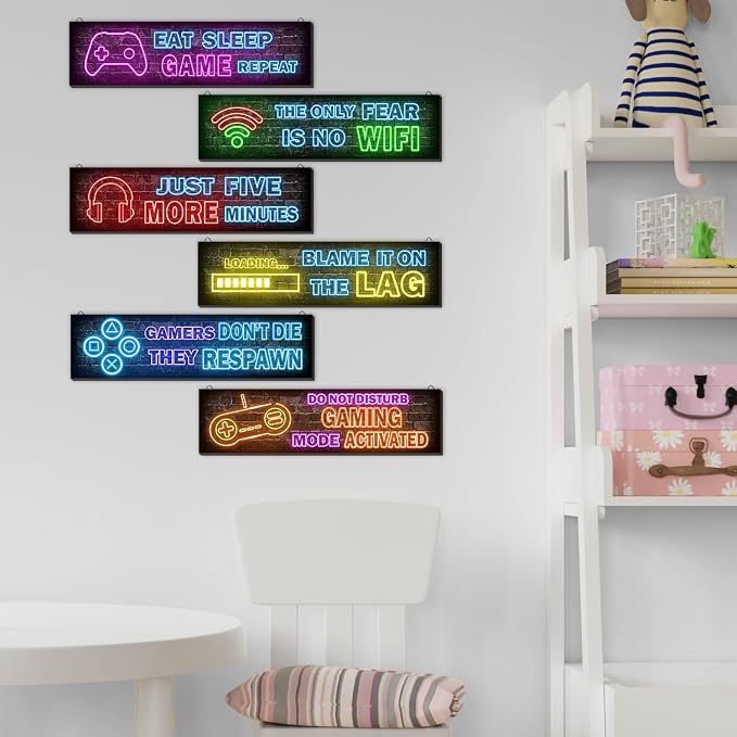 6 Pcs Neon Gaming Decor for Boys Room Wooden Video Game Wall Art - Wall Decor for Boys Kids Room Bedroom Playroom Decorations - Image 5