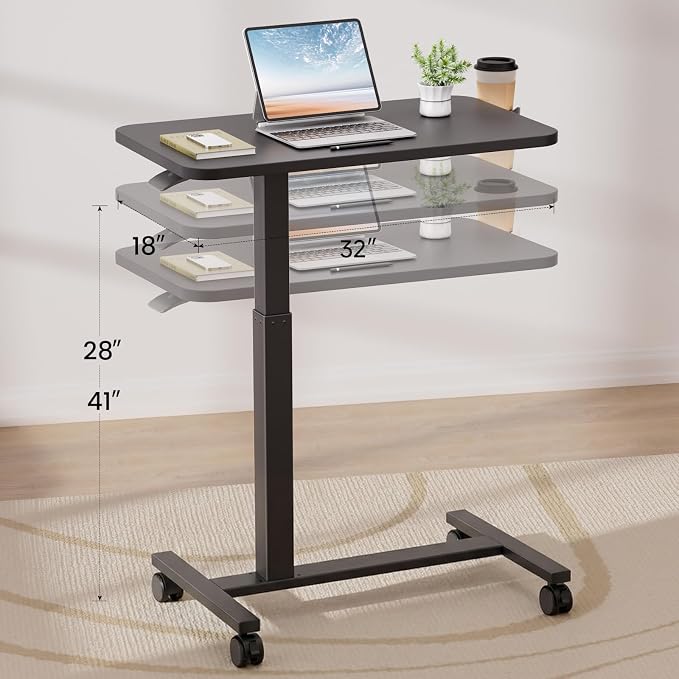 GTPLAYER Small Standing Desk with Lockable Wheels, Pneumatic Mobile Rolling Laptop Desk,Adjustable Height Overbed Bedside Table Computer Workstation for Home Office (32" W x 18" D, Black) - Image 3