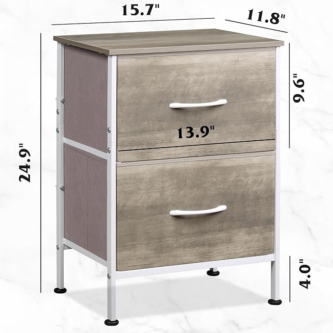 WLIVE Night Stand, Greige Nightstand with 2 Fabric Drawers, Small Dresser for Bedroom, Bedside Table End Table with Storage Drawer, College Dorm, Dormitory, Greige Oak - Image 3