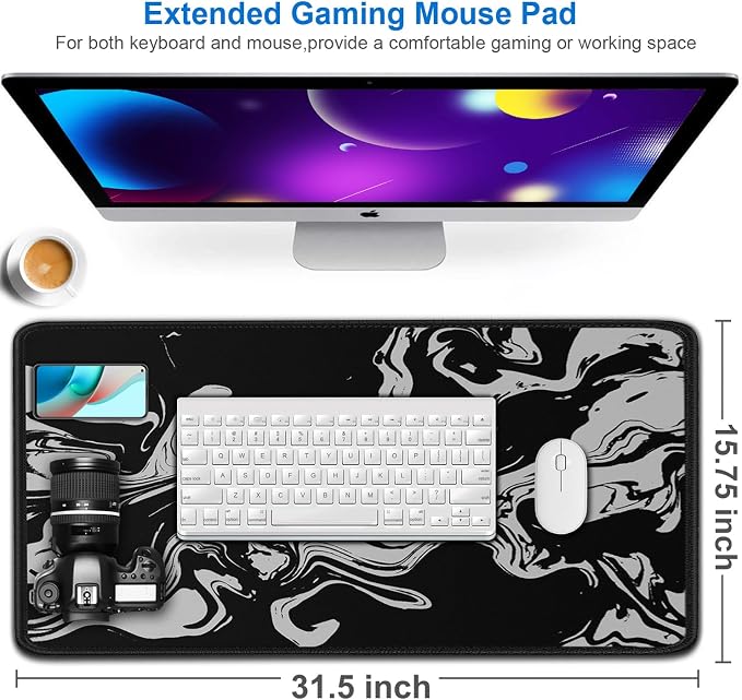 Gaming Mouse Pad, 31.5x15.7 inch Large Extended Computer Keyboard Mouse Mat, Water Resist Non-Slip Mousepad Rubber Base Long XXL Desk Mouse Pad for Gaming, Office & Home, Marble White - Image 2