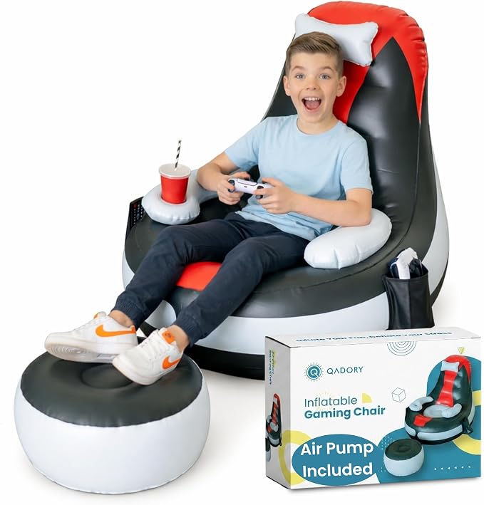 Inflatable Gaming Chair for Kids – Supports Up to 300 lbs, Includes Air Pump, Cup Holder, 2 Pockets – Durable Bean Bag Seat, Comfy Kids Gaming Chair & Top Gamer Chairs for Kid Room by Qadory