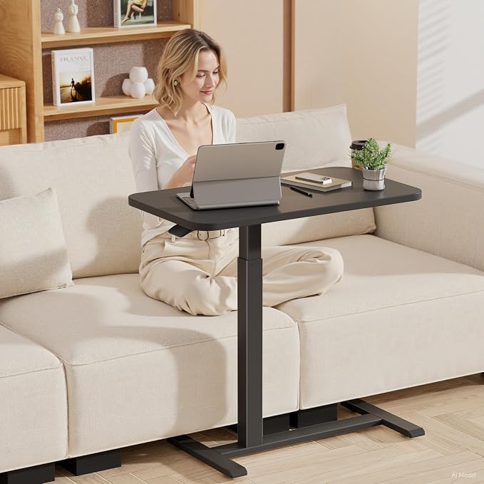 GTPLAYER Small Standing Desk with Hidden Wheels, Pneumatic Mobile Rolling Laptop Desk, Adjustable Height Overbed Bedside Table Computer Workstation for Home Office (28" W x 16" D, Black) - Image 2