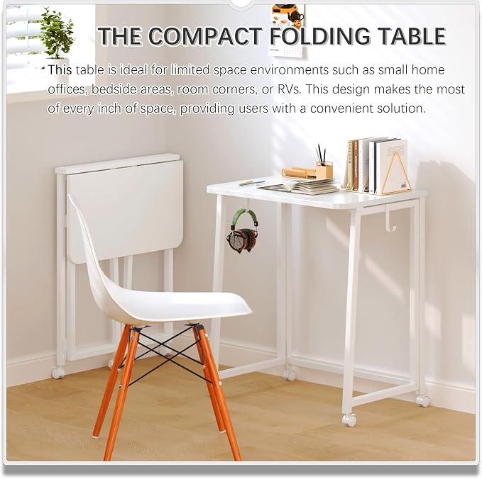4NM 23.6" Mobile Small Folding Desk, Foldable Rolling Computer Home Office Desk, Study Writing Table for Small Space Saving Bedroom, with Wheels - All White - Image 3