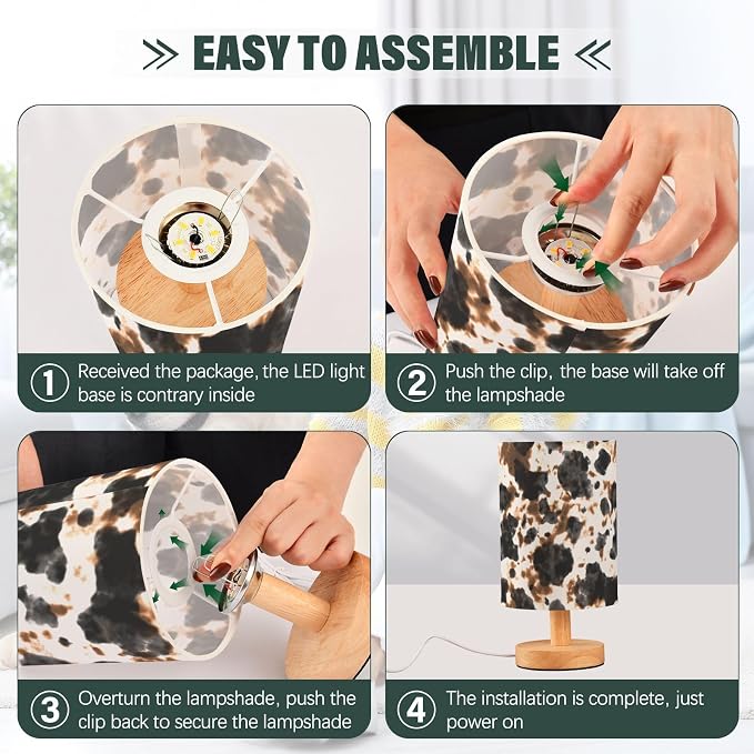 Bedside Table Lamp Cow Tie Dye Print Nightstand Lamp with Wood White Black Brown Animal Skin Desk Lamps for Bedroom Living Room Nursery Office Home Decor - Image 7