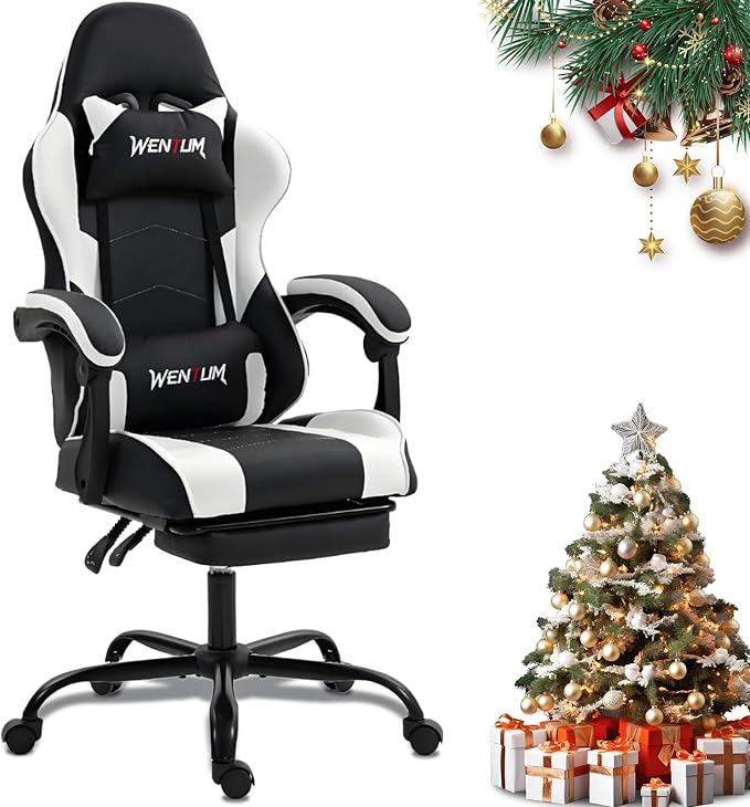 Gaming Chair with Footrest for Adults, PU Leather Massage Racing Video Game Chair with Lumbar Support for Men Women, Ergonomic Computer Gamer Chair for Home Office, Height Adjustable, White by WENTUM