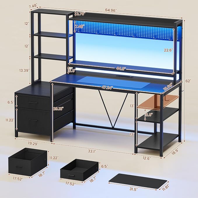 65-inch Gaming Desk with Power Outlets,LED Lights, 4 Storage Shelves,Home Office Desk with Monitor Shelf, Pegboard 8 Hooks Mouse Pad, 2 Drawers, 2 Side Hooks, Black - Image 2