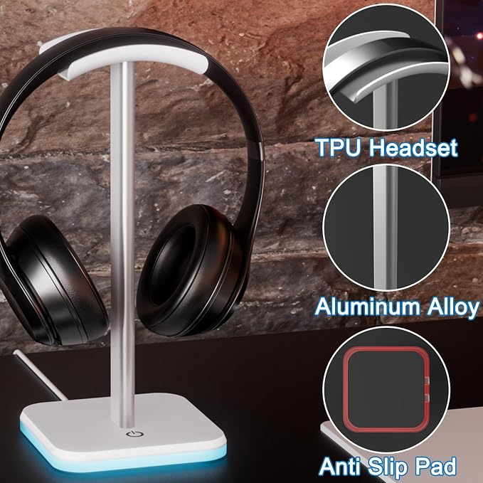 Headphone Stand for Desk - Headset Stand Headphone Holder (RGB-White) | with Aluminum Hanger and Plastic Headrest, headphone holder for AirPods Max, Sony, Bose, Beats and More - Image 4