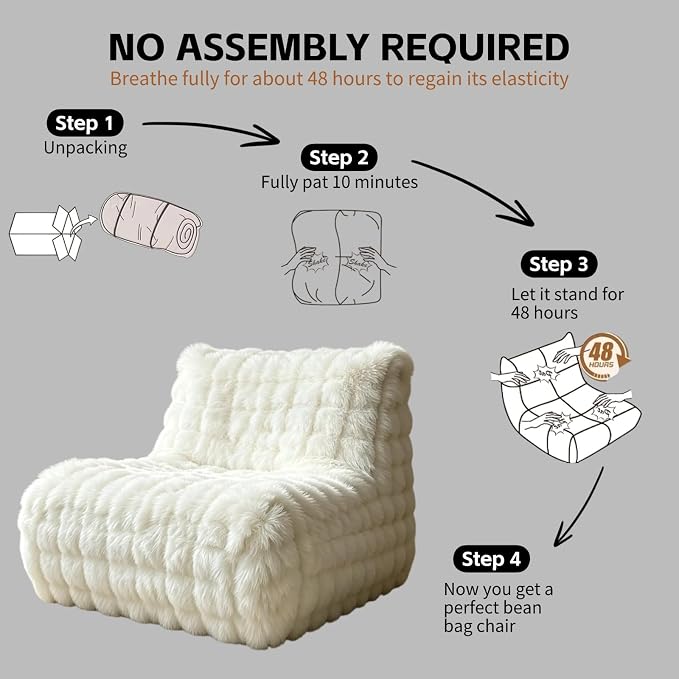 Cozy Memory Foam Faux Fur Floor Bean Bag Chair, White | Soft fluffy faux fur exterior, memory foam padded bean bag, versatile lounge seat for bedroom decor & leisure use - Image 3
